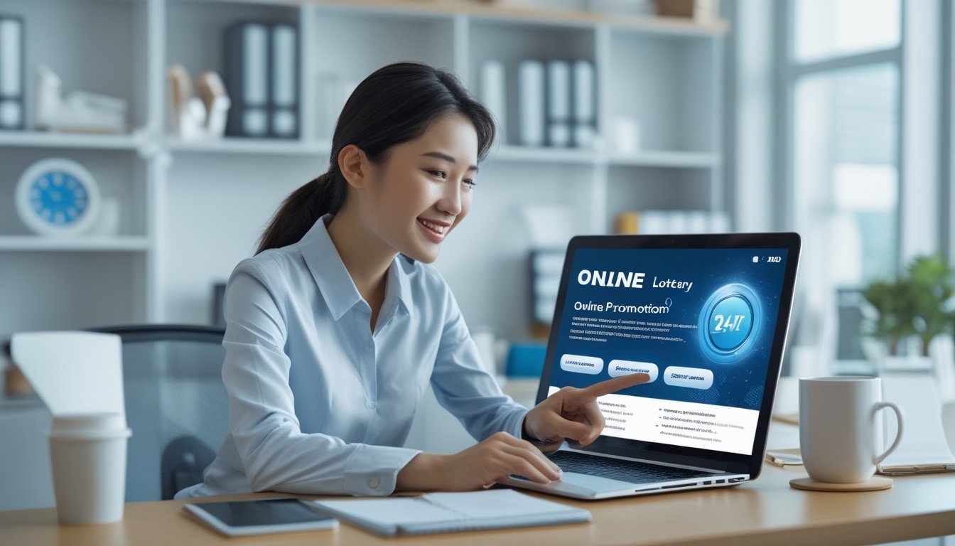Seorang wanita muda di kantor modern sedang menggunakan laptop untuk mengakses promo bandar togel online yang tersedia 24 jam setiap hari.