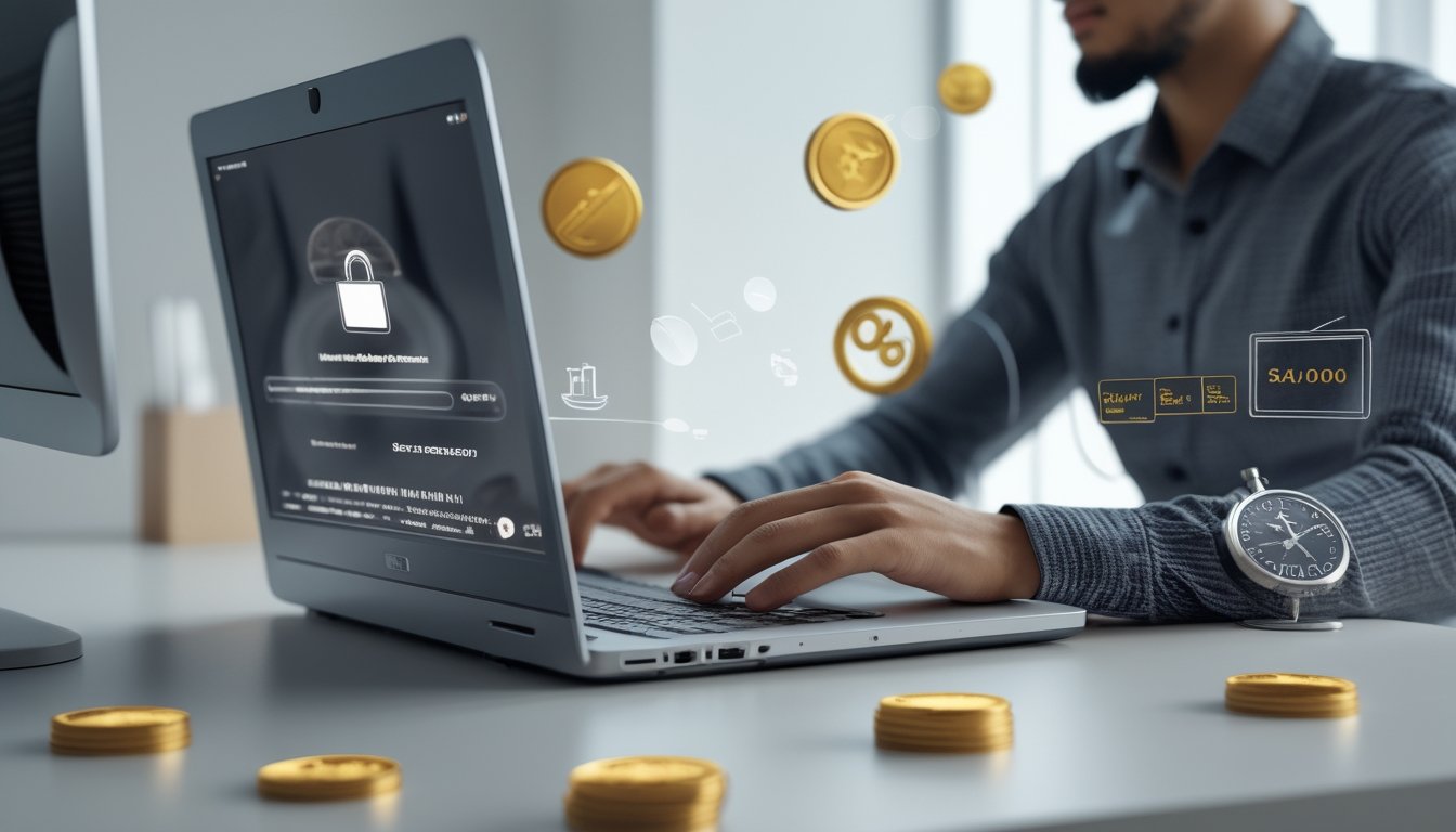 Seseorang sedang menggunakan laptop di meja kerja dengan suasana yang bersih dan profesional, menggambarkan proses registrasi dan verifikasi akun secara online.