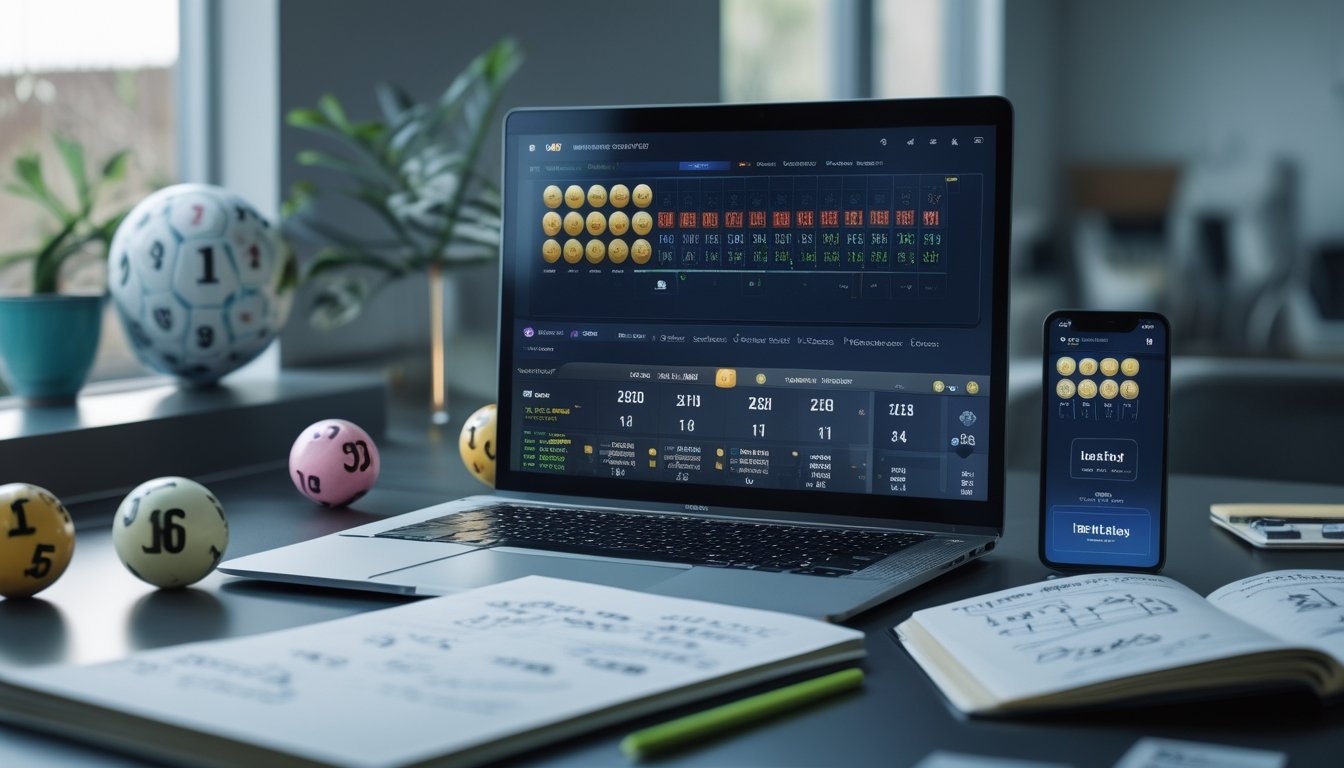 Seorang pria muda duduk di depan laptop dengan layar menampilkan antarmuka permainan togel online, dikelilingi bola togel bernomor dan ponsel dengan aplikasi taruhan.