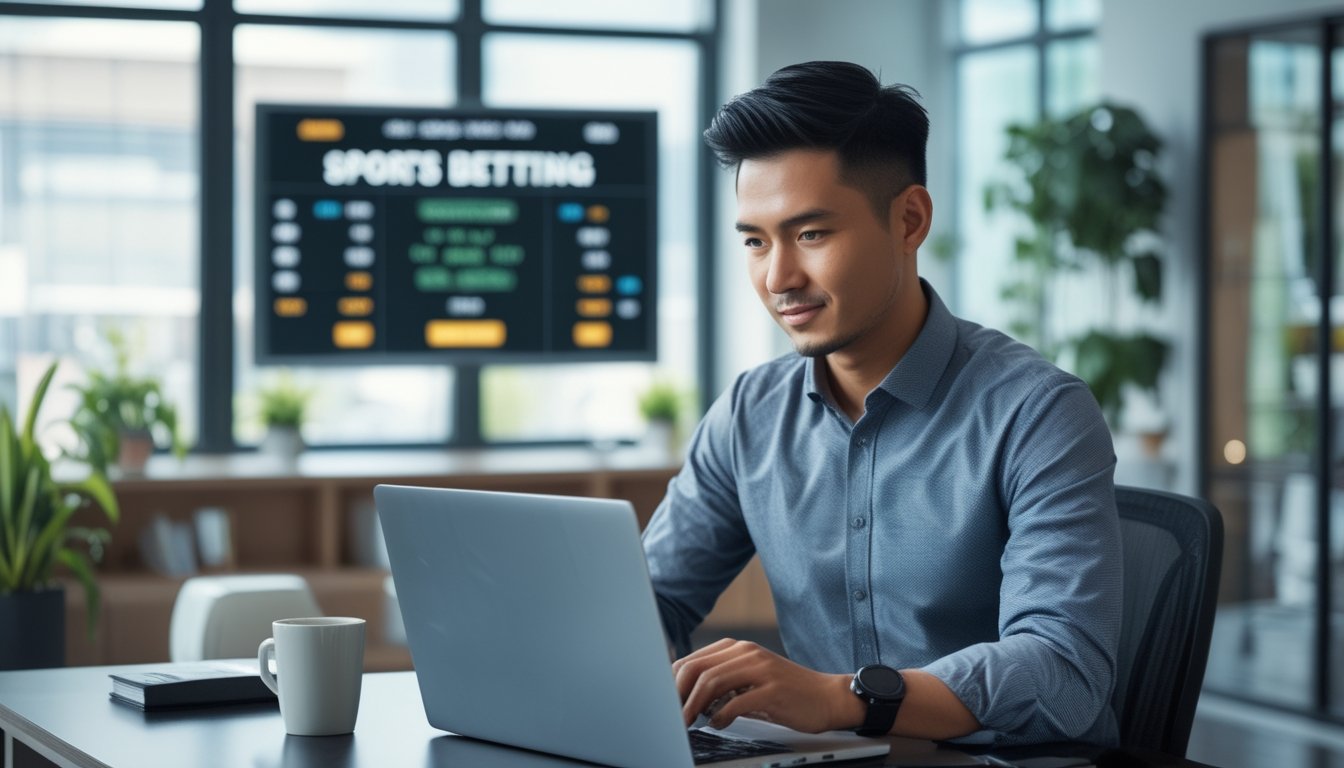 Seorang pria bisnis menggunakan laptop di kantor modern dengan layar digital menampilkan statistik olahraga di latar belakang.