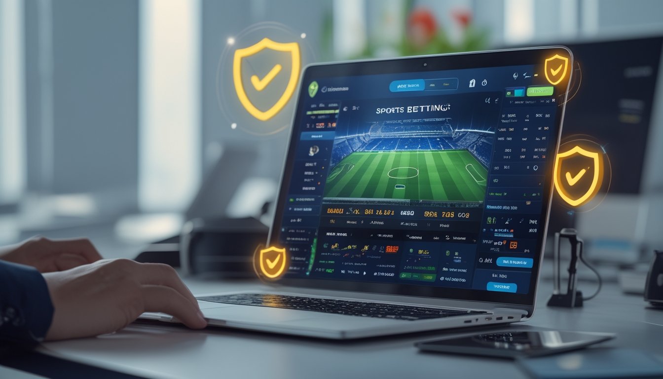 Seorang profesional menggunakan laptop dengan tampilan situs taruhan bola online terpercaya di Indonesia, di meja kerja yang rapi dengan elemen keamanan dan budaya Indonesia.