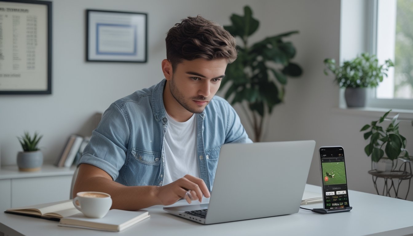Seorang pemula sedang meneliti opsi taruhan bola online terpercaya menggunakan laptop di ruang kerja yang rapi dan nyaman.