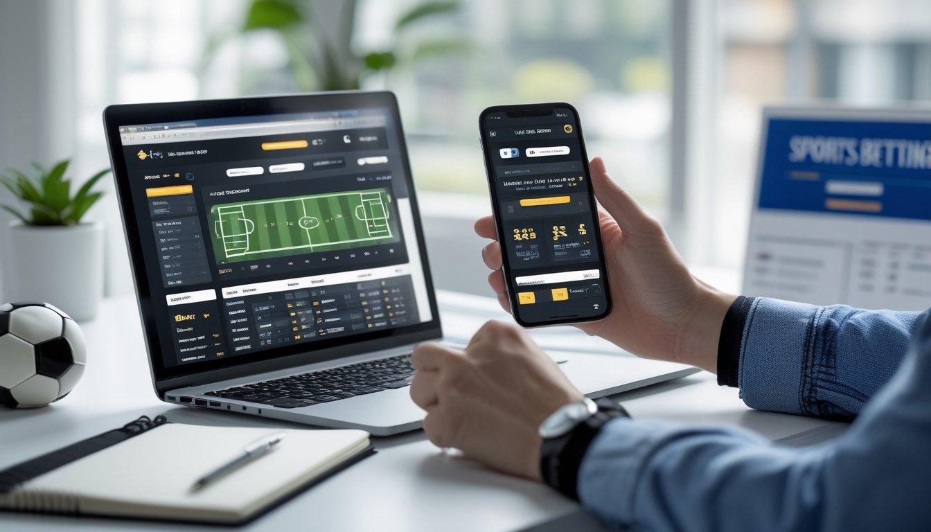 Seseorang menggunakan laptop dan ponsel di meja kerja dengan tampilan situs judi bola online, dikelilingi alat tulis dan secangkir kopi.