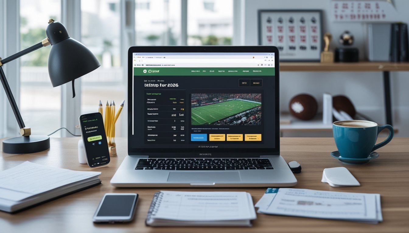 Meja kerja modern dengan laptop menampilkan situs taruhan olahraga online, catatan dan ponsel dengan skor pertandingan, serta dekorasi olahraga di latar belakang.