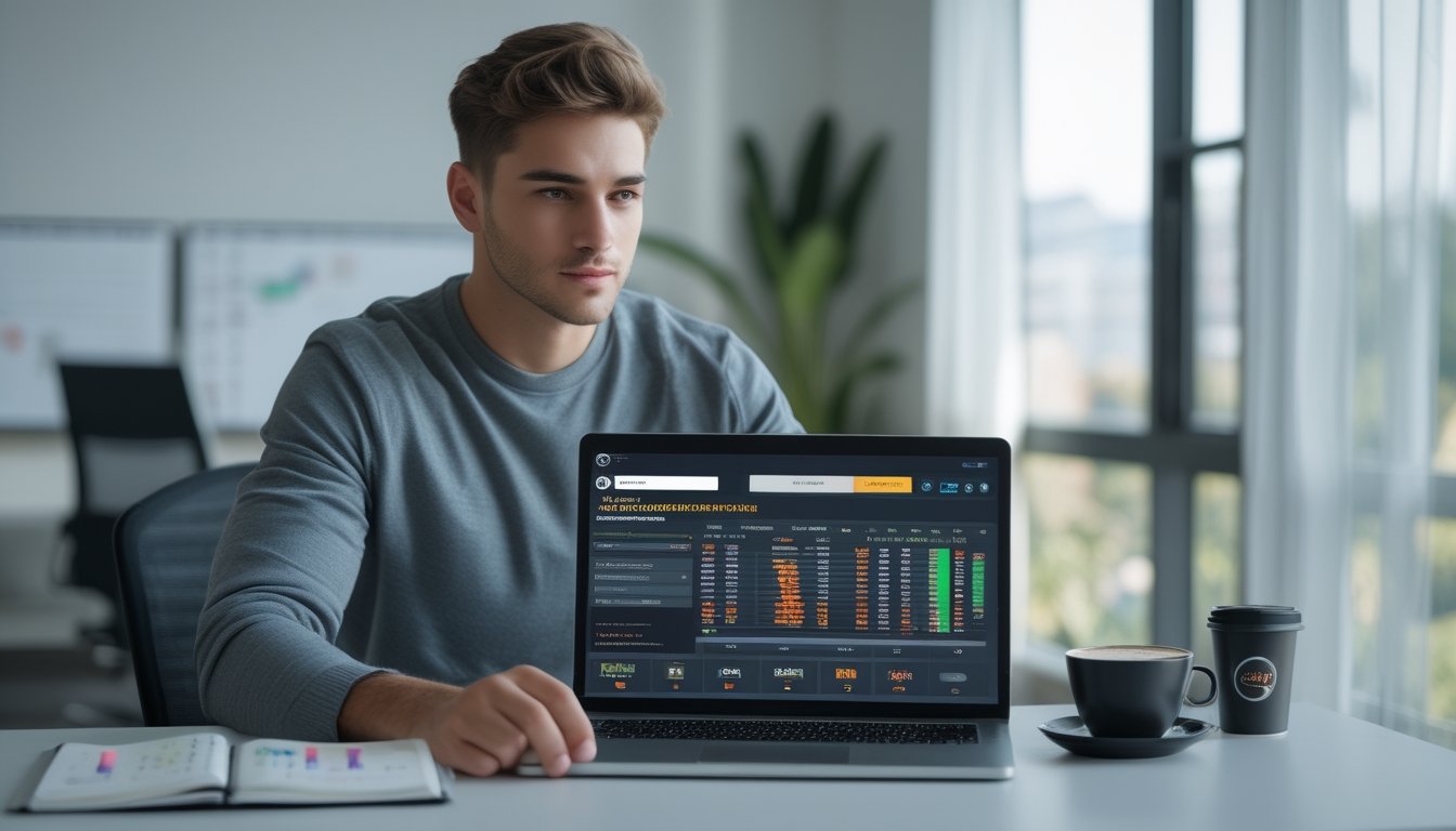 Seorang pria muda duduk di meja dengan laptop yang menampilkan situs taruhan olahraga, terlihat fokus dan serius.