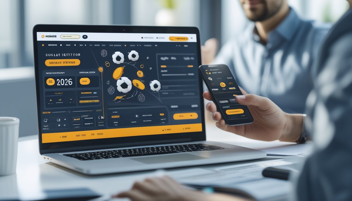 Seorang pengguna sedang menggunakan laptop dan ponsel di meja kerja modern yang rapi dengan tampilan situs taruhan bola online yang menampilkan ikon pembayaran cepat.