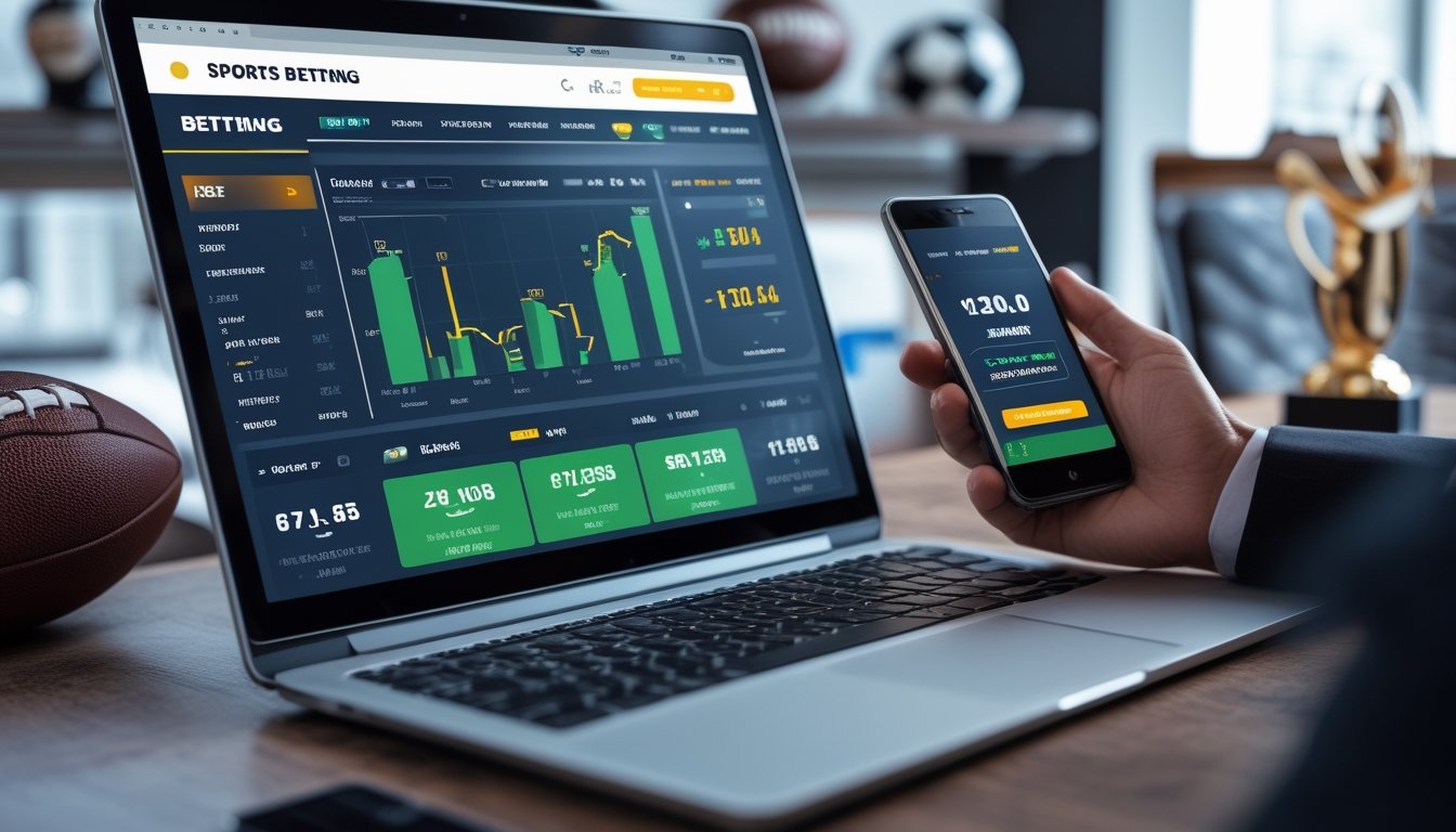 Meja kerja modern dengan laptop dan ponsel yang menampilkan layar terkait taruhan bola online dan pembayaran cepat.