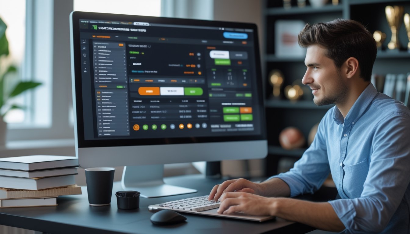 Seorang pria muda duduk di depan komputer dengan antarmuka taruhan olahraga online yang berwarna-warni, di ruang kerja modern dengan cahaya alami dan piala olahraga di latar belakang.