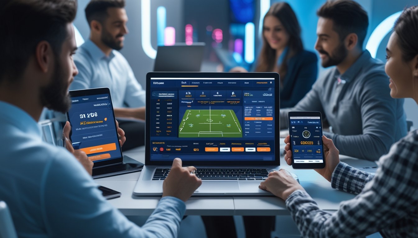 Orang-orang menggunakan perangkat digital untuk bertaruh pada pertandingan sepak bola secara online di lingkungan modern dan profesional.