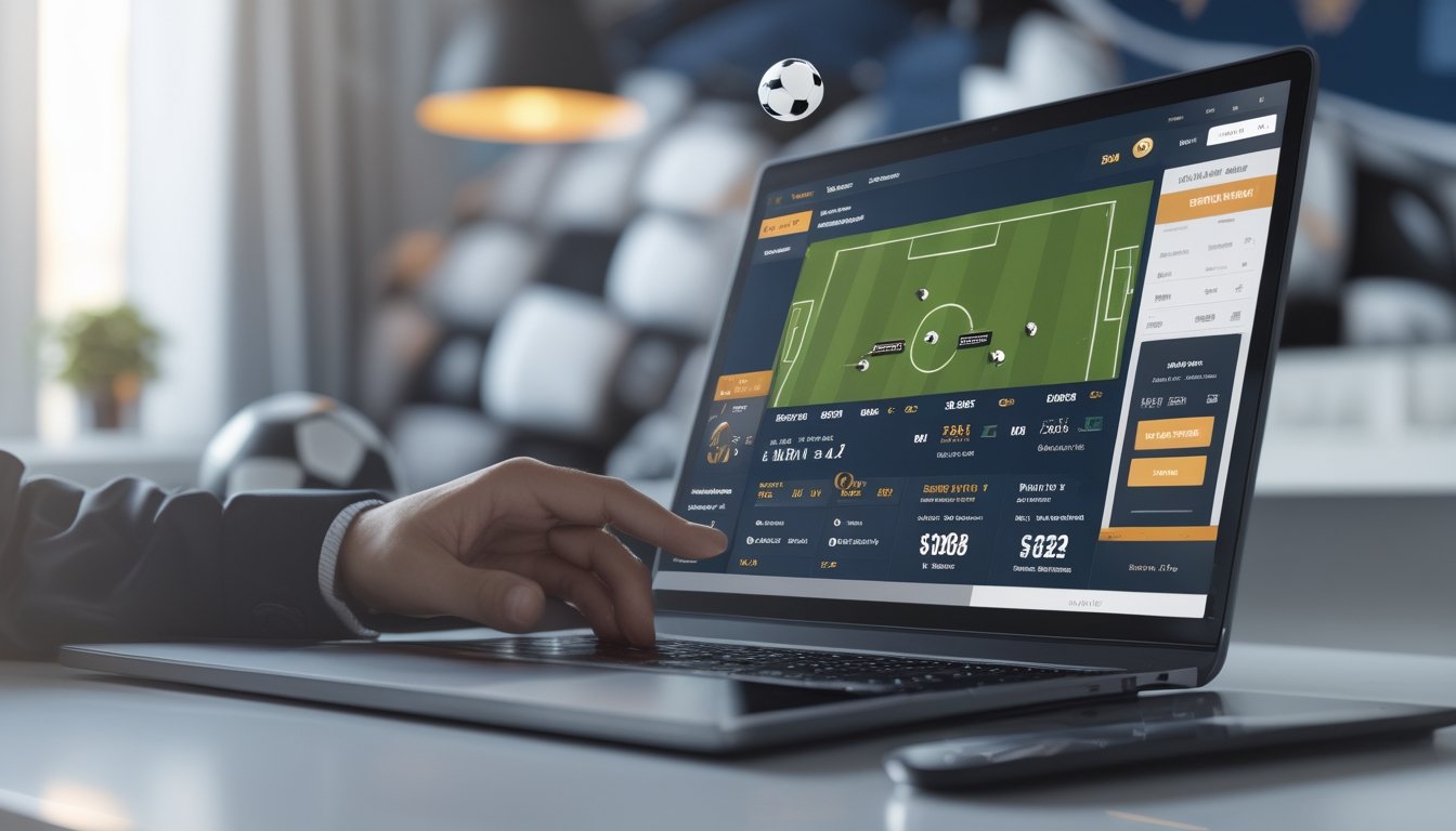 Seorang pengguna berinteraksi dengan laptop dan ponsel yang menampilkan platform taruhan bola online dengan grafik pertandingan sepak bola dan promosi bonus besar.