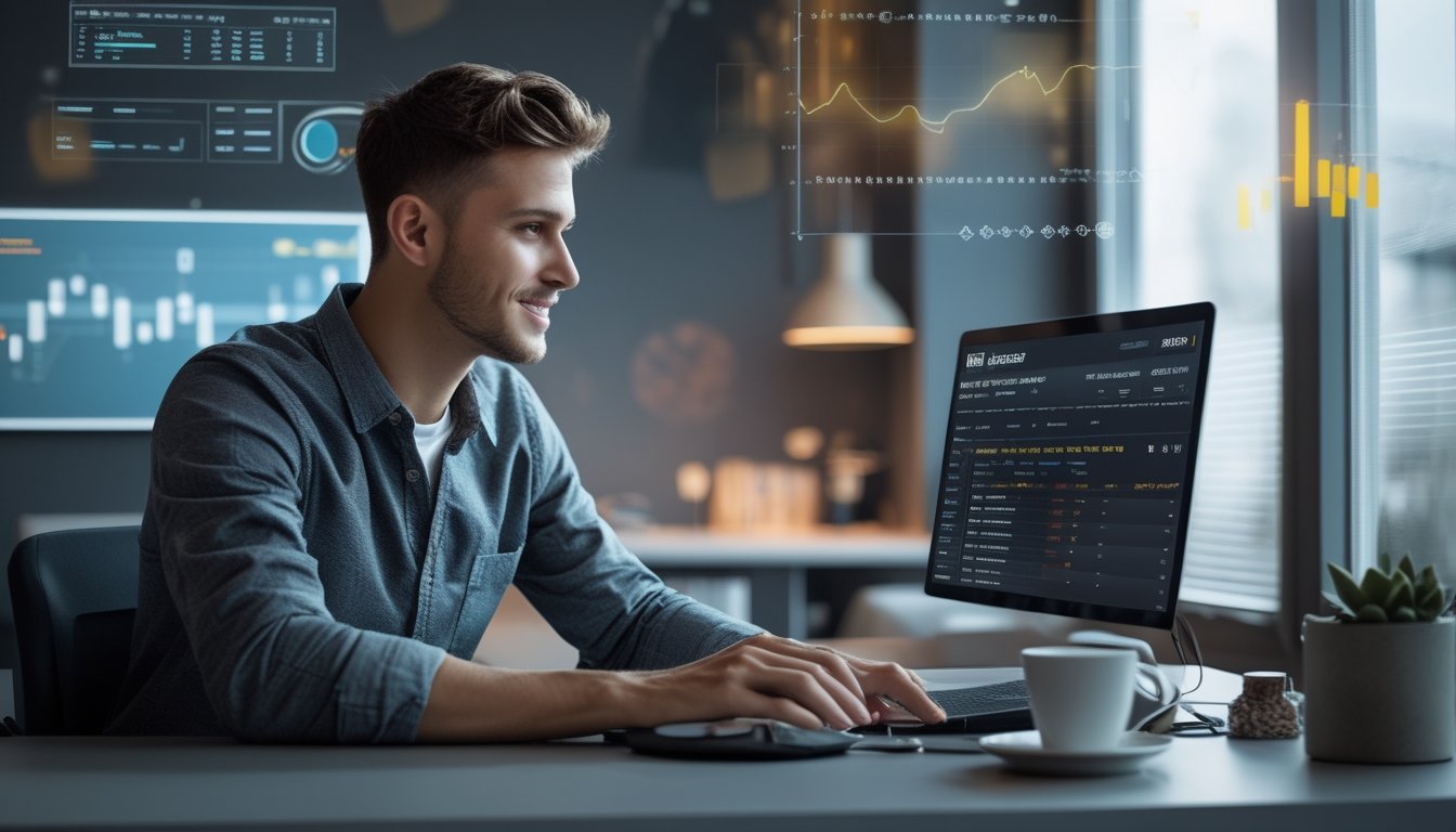Seorang pria muda duduk di meja dengan laptop, fokus melihat layar yang menampilkan situs taruhan bola online, di ruang kerja rumah yang modern dan terang.
