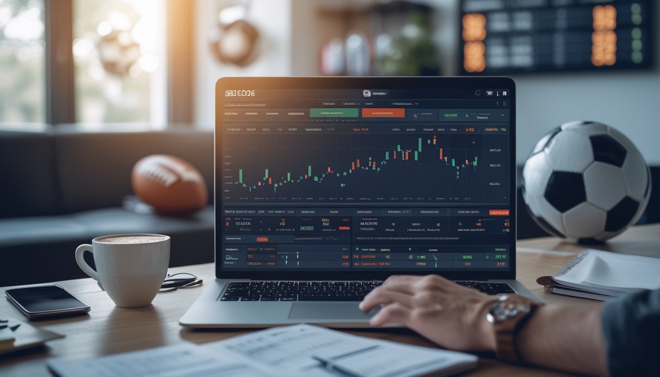 Seorang profesional sedang menganalisis statistik pertandingan sepak bola di depan laptop dengan layar menampilkan data dan grafik, di meja terdapat catatan, ponsel, dan cangkir kopi.
