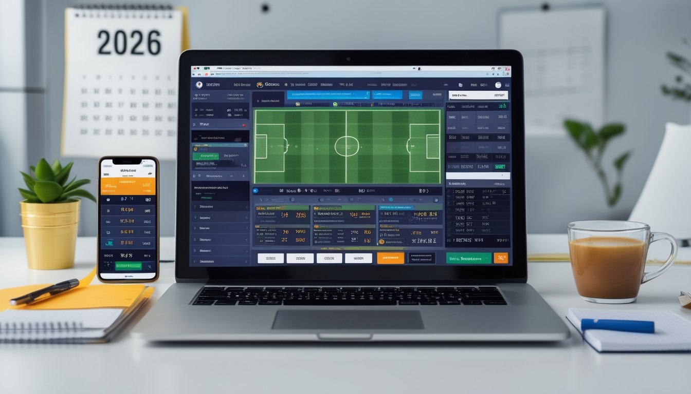 Meja kerja modern dengan laptop yang menampilkan situs taruhan bola online, smartphone, catatan, dan secangkir kopi di ruangan kantor yang terang.