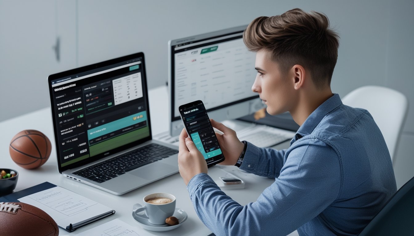 Seseorang duduk di depan laptop yang menampilkan situs taruhan olahraga online, dengan ponsel di tangan dan beberapa barang olahraga di meja.