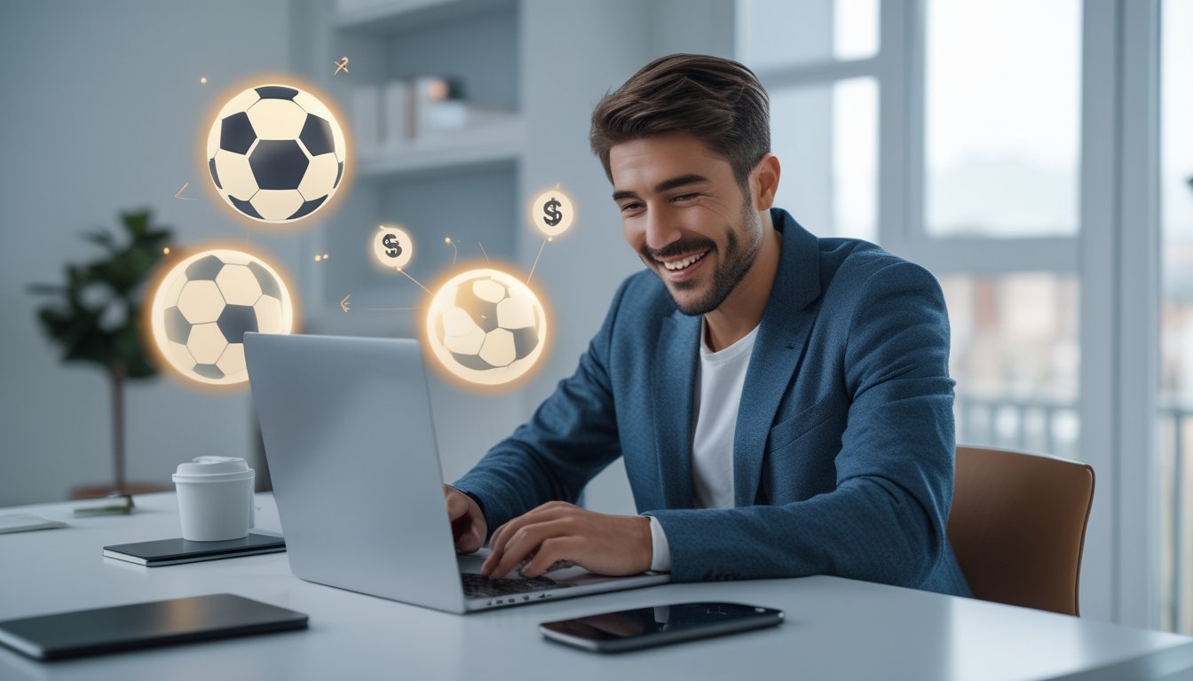 Seorang pria muda duduk di meja dengan laptop, tersenyum dan terlihat puas dalam suasana ruangan yang terang dan modern.