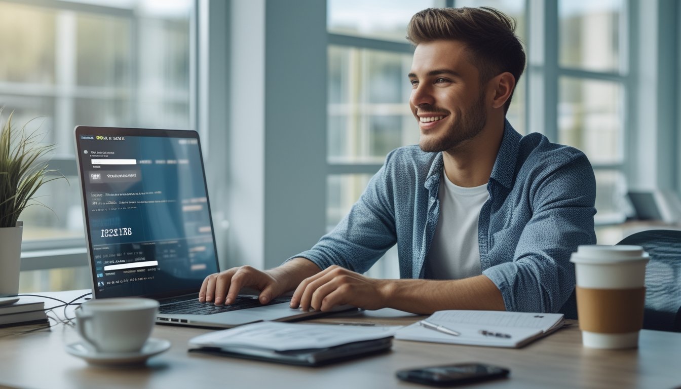 Seorang pria muda duduk di meja kerja menggunakan laptop di kantor yang terang dan rapi, terlihat sedang mengklaim bonus dari platform taruhan online.