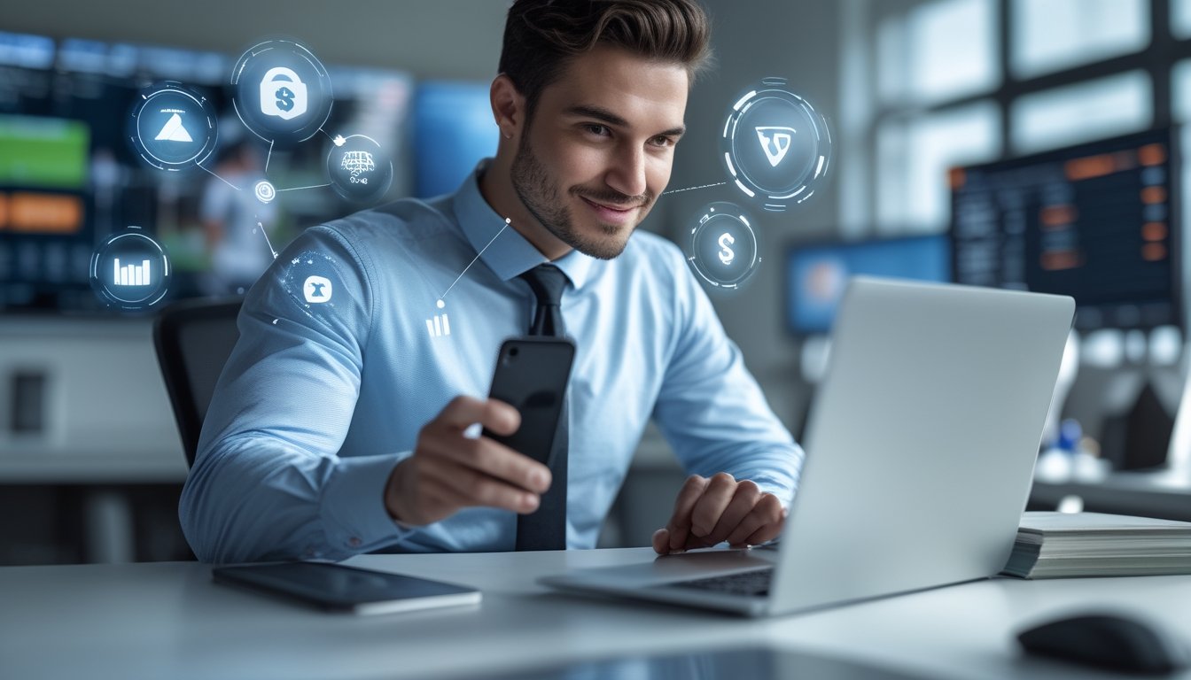 Seorang profesional menggunakan laptop dan ponsel di kantor modern dengan ikon digital taruhan online dan simbol keamanan di sekitar.