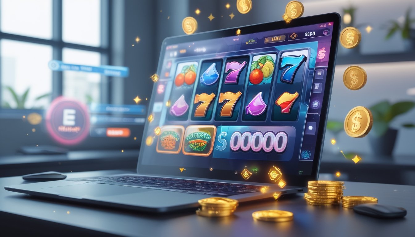Sebuah layar komputer menampilkan permainan slot online dengan simbol warna-warni dan koin digital di sekitar, di meja kerja yang rapi.