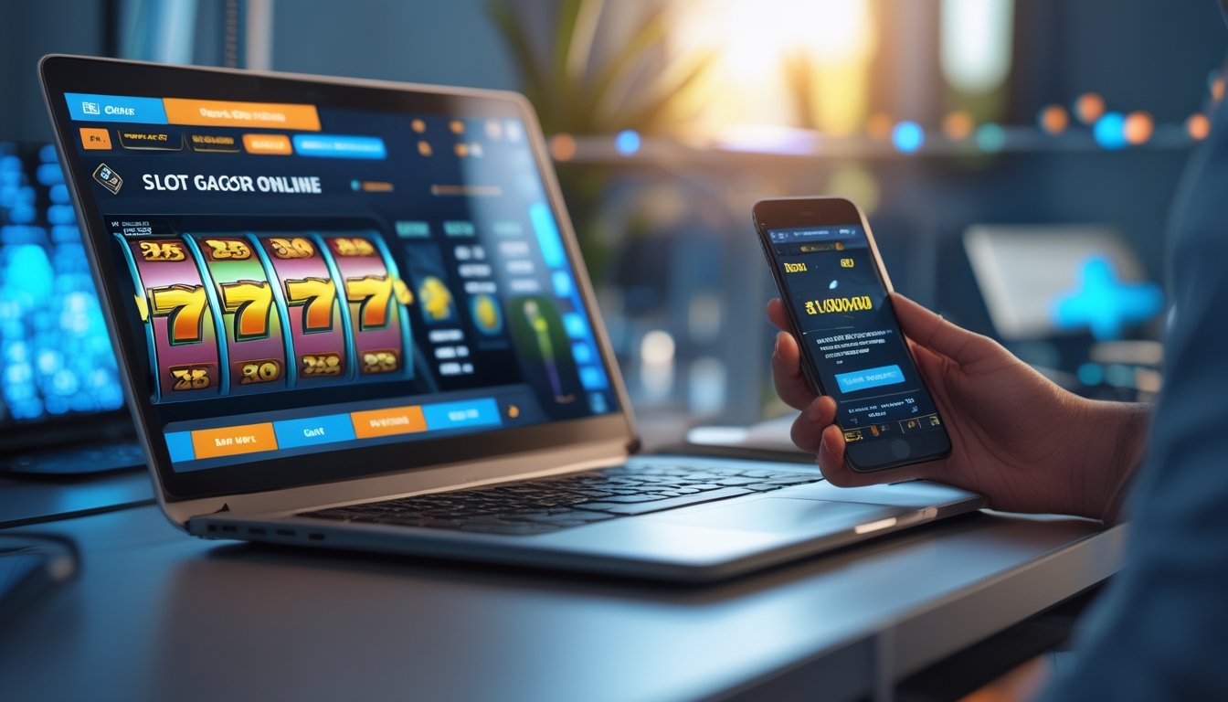 Seorang pengguna di depan laptop dan ponsel yang menampilkan permainan slot online dan notifikasi bonus referral.