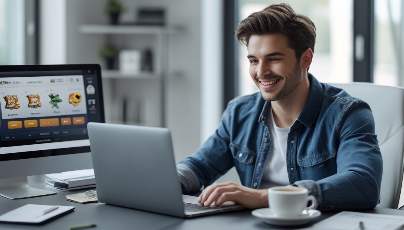 Seorang pria muda duduk di meja modern menggunakan laptop dengan tampilan permainan slot online, terlihat puas dan fokus dalam suasana kerja yang rapi.