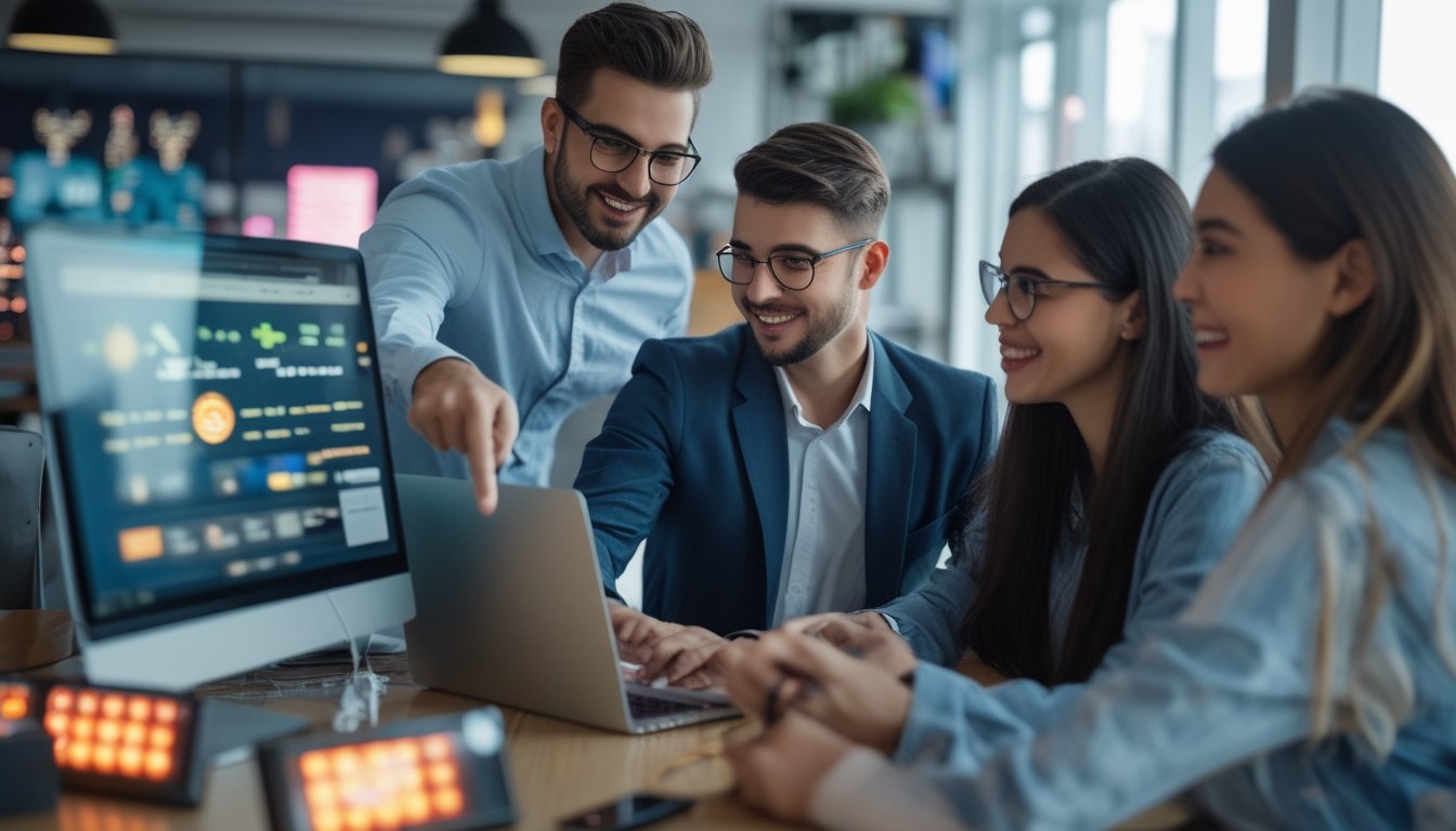 Sekelompok orang muda sedang berdiskusi di kantor dengan laptop yang menampilkan grafik dan ikon permainan slot online.