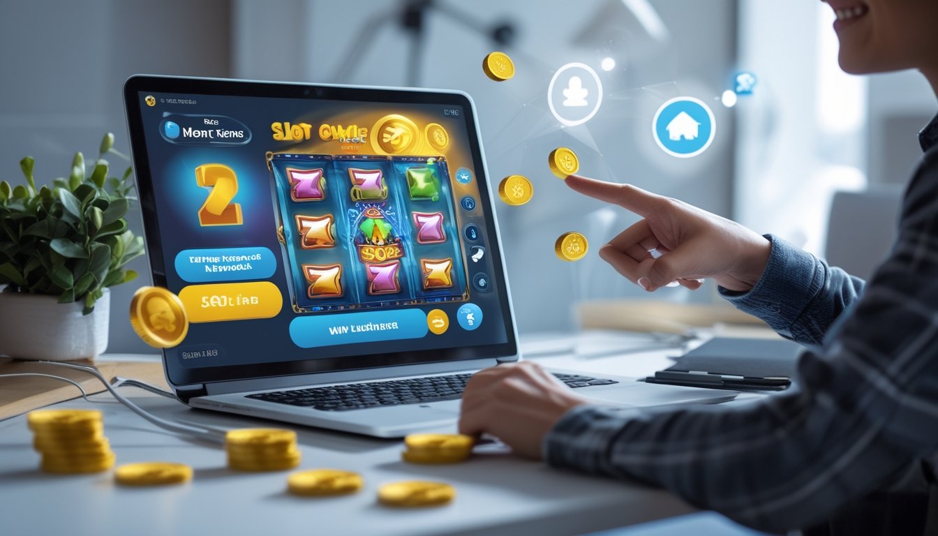 Seorang pria menunjuk layar laptop yang menampilkan permainan slot online dengan ikon bonus, di meja kerja yang rapi dan terang.