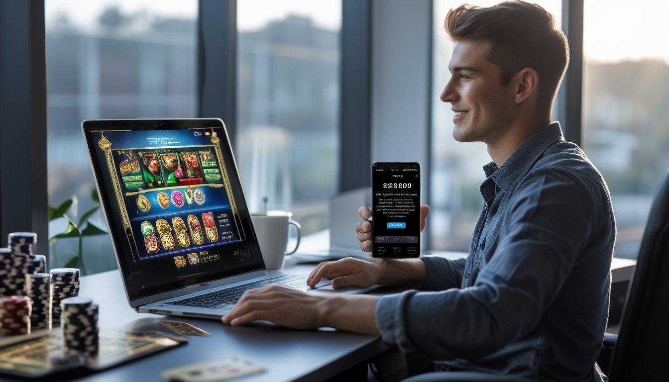 Seorang pria muda duduk di meja kerja dengan laptop yang menampilkan permainan slot online, di sampingnya ada ponsel dan dekorasi terkait permainan.