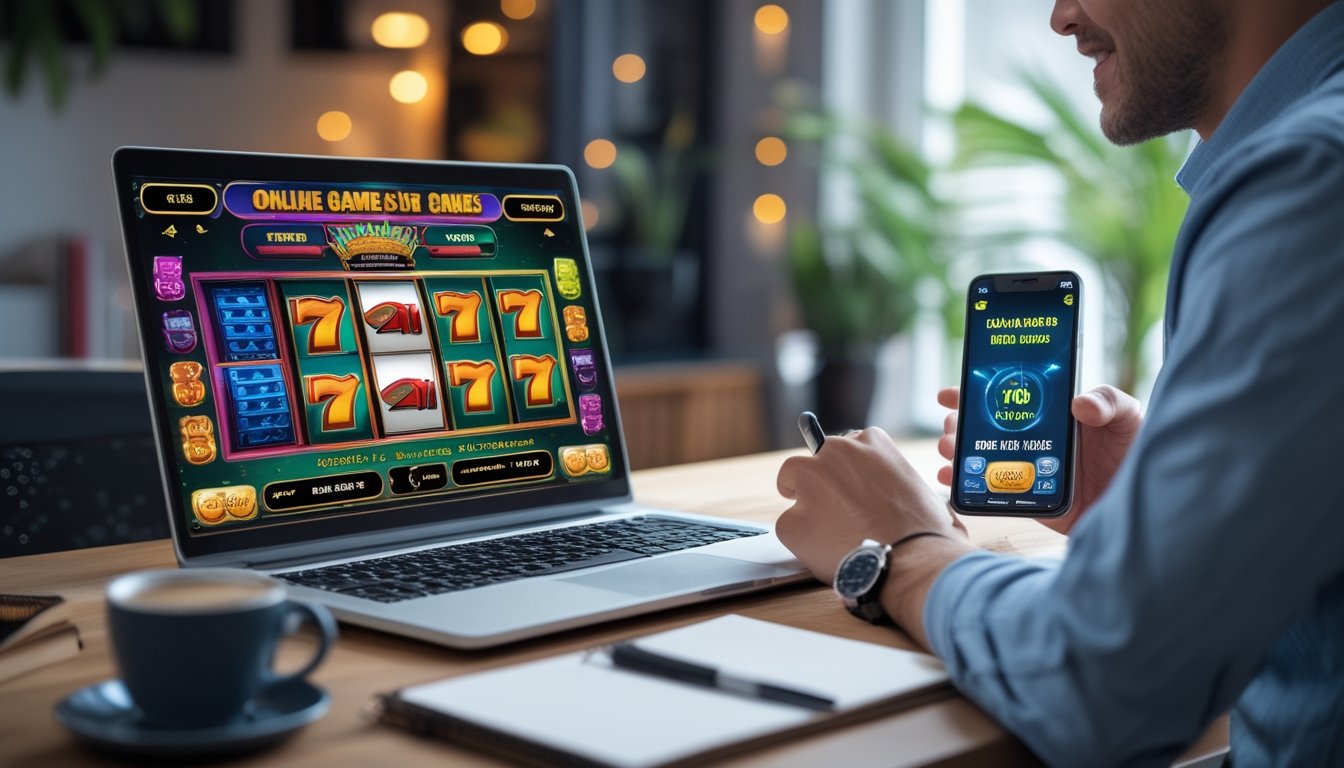Seseorang menggunakan laptop di meja kerja dengan layar menampilkan permainan slot online dan ponsel menampilkan notifikasi bonus referral.