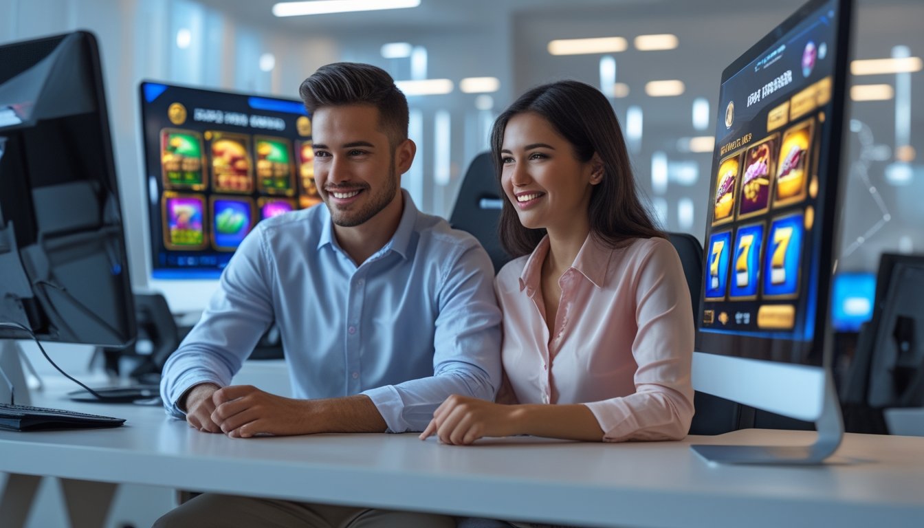 Dua orang muda duduk di depan komputer dengan tampilan permainan slot online dan suasana kantor modern.