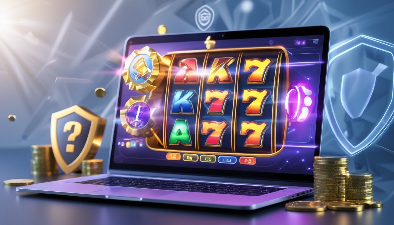 Seorang pengguna sedang melihat permainan slot online di laptop dengan ikon bonus dan simbol keamanan di sekitar layar.