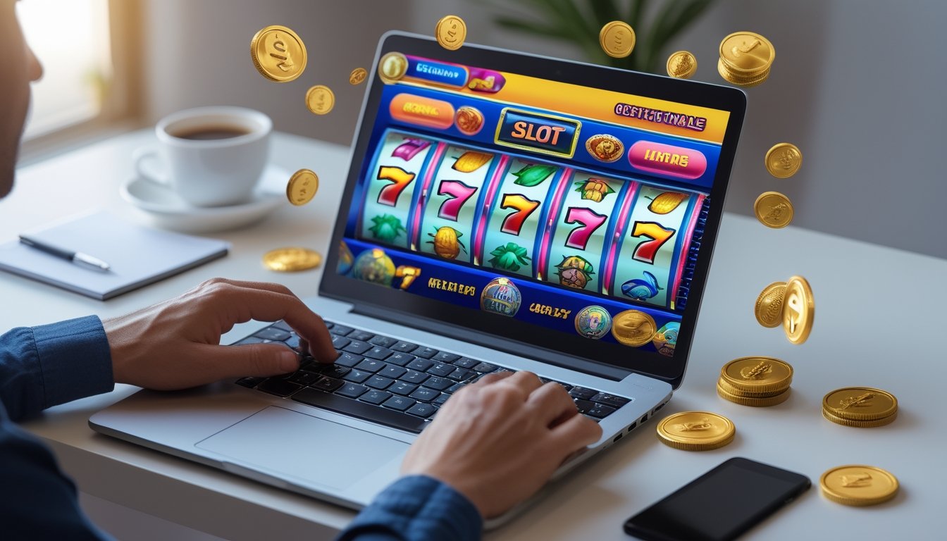 Seorang pengguna sedang bermain mesin slot online di laptop dengan latar meja kerja yang rapi dan beberapa koin emas serta hadiah di sekitarnya.