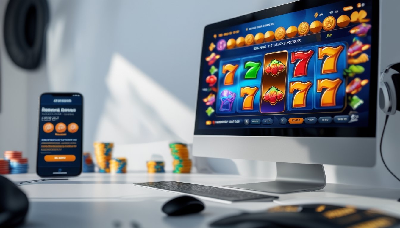 Sebuah meja kerja dengan komputer dan ponsel yang menampilkan permainan slot online dan notifikasi bonus referral.
