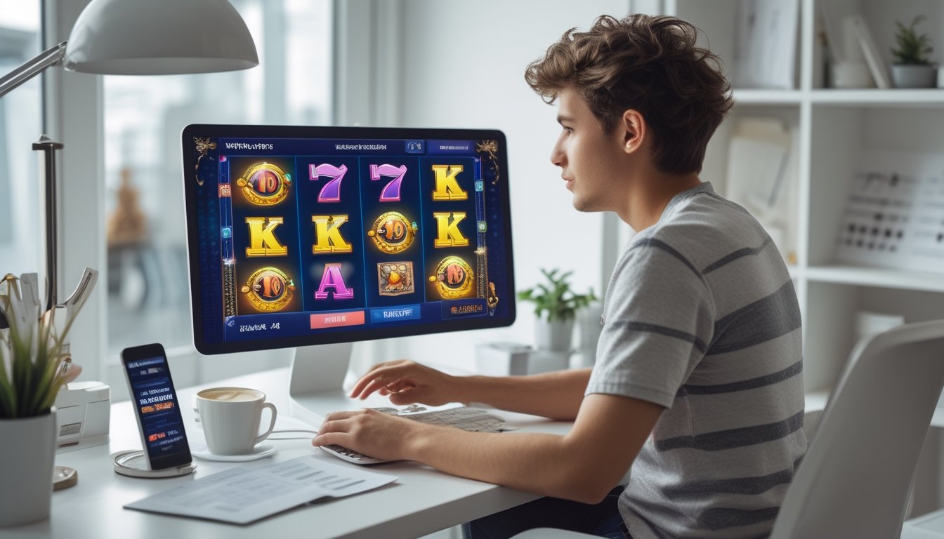 Seorang dewasa muda duduk di meja dengan laptop dan ponsel yang menampilkan permainan slot online dan notifikasi bonus referral.