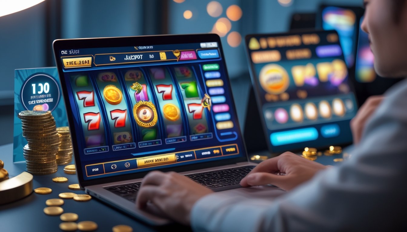 Seorang pria menggunakan laptop dan ponsel untuk bermain permainan slot online dengan latar belakang koin dan ikon bonus.