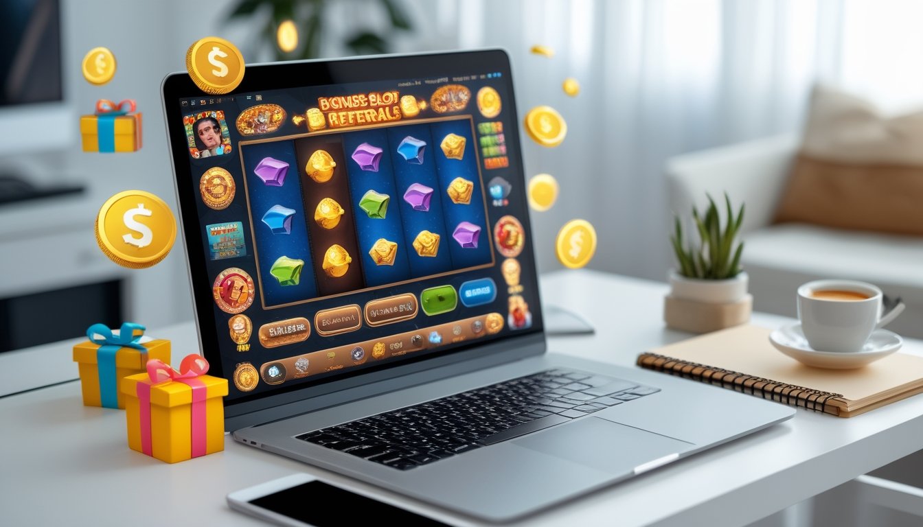 Seorang pemula menggunakan komputer dengan permainan slot online berwarna-warni di layar, dikelilingi oleh koin emas dan hadiah yang melambangkan bonus dan referral.