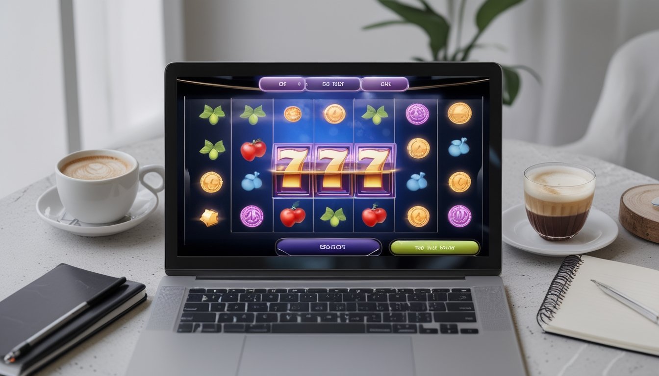 Seorang pemula sedang belajar bermain slot online dengan laptop yang menampilkan permainan slot berwarna cerah dan simbol keberuntungan, di meja terdapat cangkir kopi dan buku catatan.
