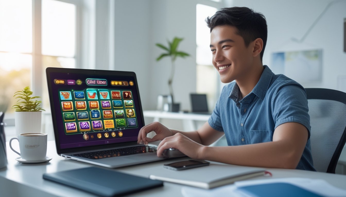 Seseorang duduk di meja dengan laptop yang menampilkan permainan slot online, tersenyum dan fokus di ruang kerja yang terang dan rapi.