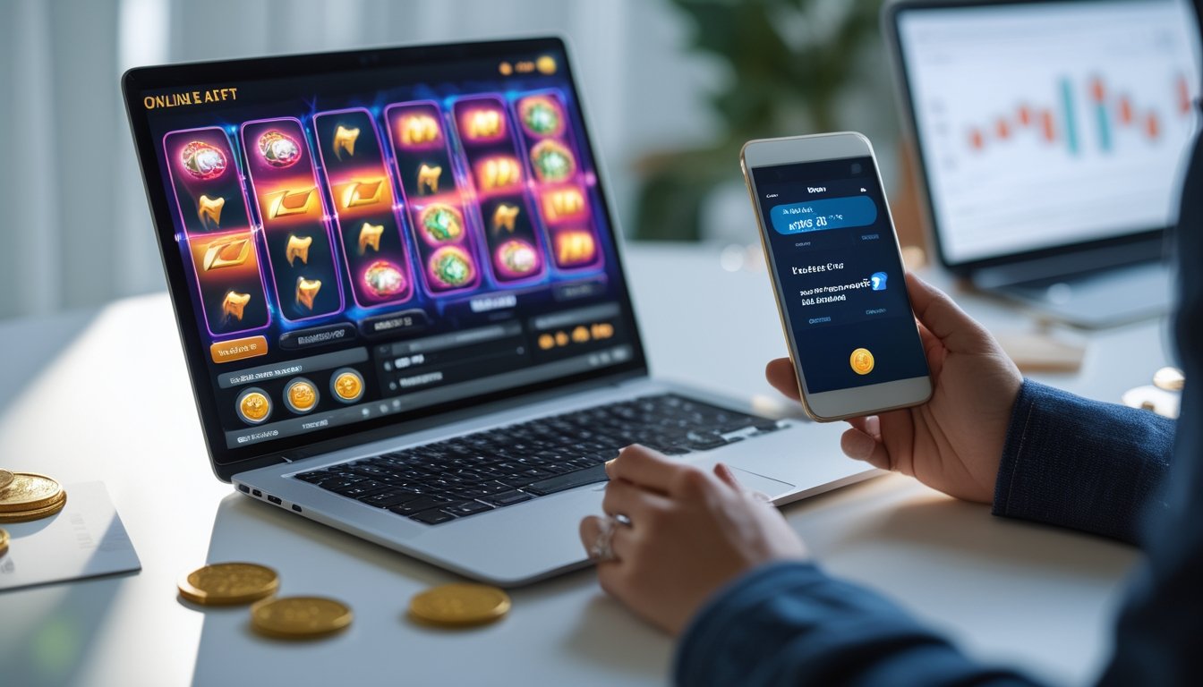 Seorang pengguna di depan laptop dan ponsel yang menampilkan permainan slot online dan notifikasi bonus referral.