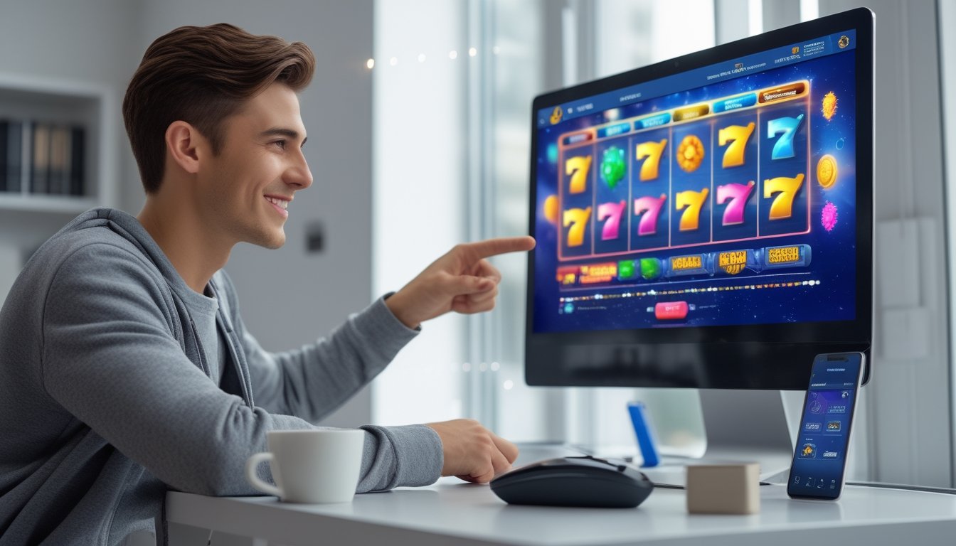 Seseorang tersenyum sambil menunjuk layar komputer yang menampilkan permainan slot online dengan simbol warna-warni dan suasana ruangan yang rapi dan terang.