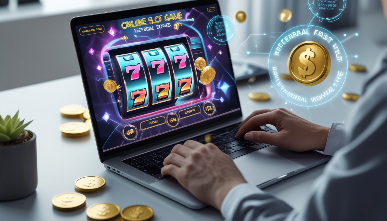 Seseorang menggunakan laptop dengan layar menampilkan permainan slot online dan ikon bonus referral di meja kerja modern.