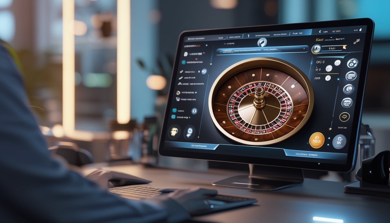 Sebuah meja dengan perangkat digital yang menampilkan roda roulette online dengan latar belakang pencahayaan hangat dan suasana modern.