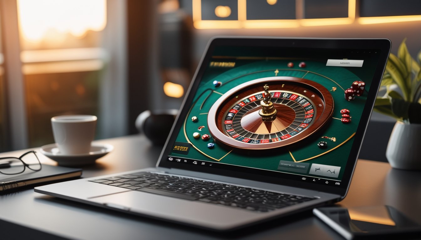 Sebuah layar komputer menampilkan roda roulette digital dengan latar belakang ruang kerja modern yang terang dan rapi.