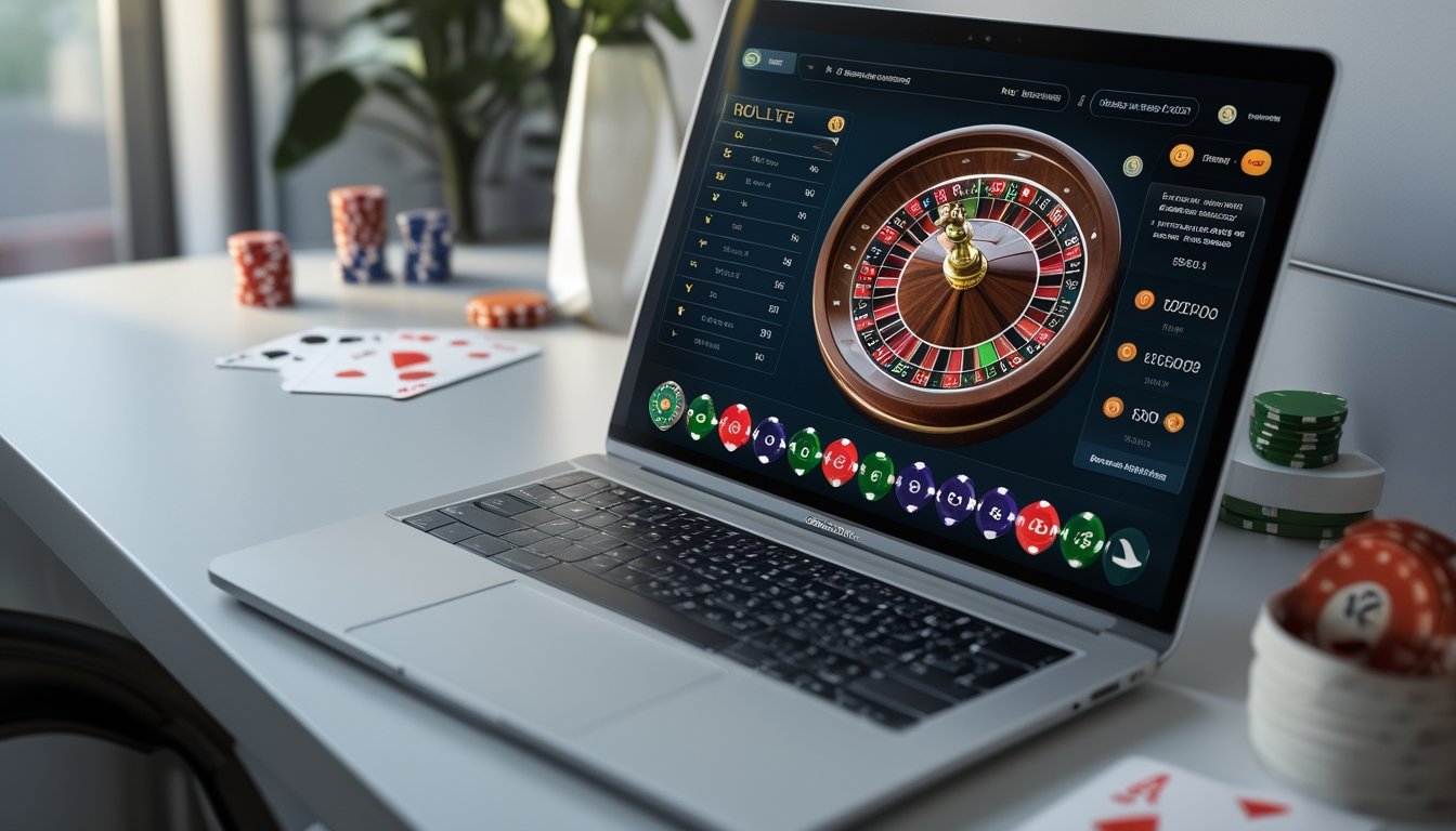 Sebuah meja kerja dengan komputer menampilkan permainan roulette online yang jelas dan berwarna, dikelilingi oleh kartu remi dan chip poker.