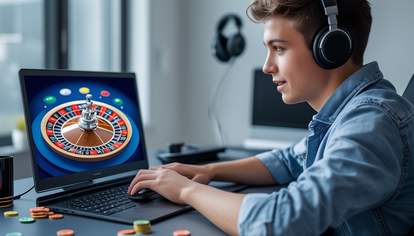 Seorang pemuda sedang bermain roulette online di laptop dengan roda roulette digital dan chip warna-warni di meja.