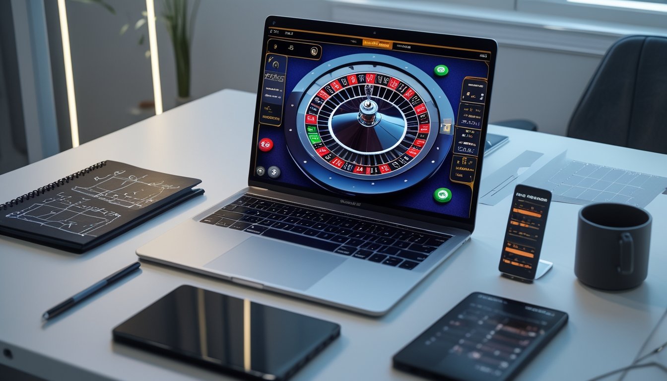 Seorang pemain sedang menggunakan laptop dengan permainan roulette online di layar, dikelilingi oleh catatan strategi dan ponsel di atas meja kerja yang rapi.