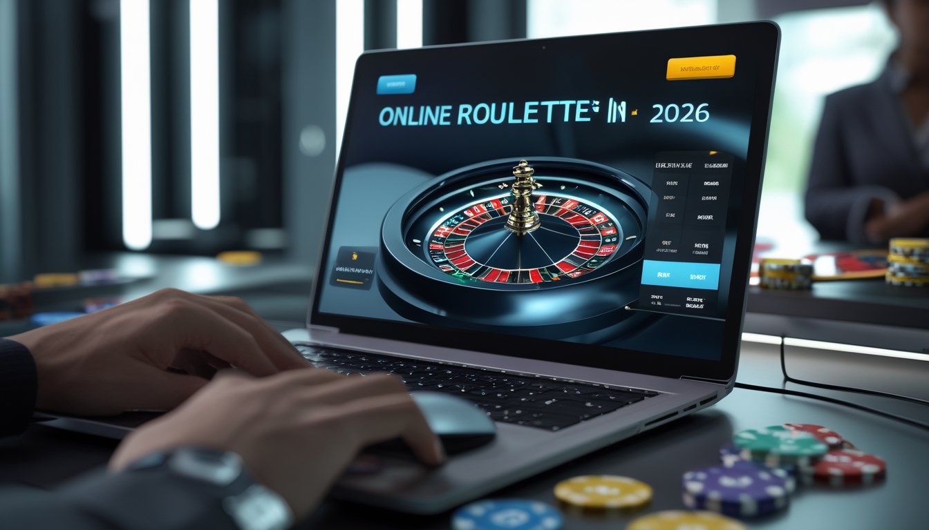 Tampilan komputer dengan roda roulette digital dan tumpukan chip, tangan seseorang sedang bermain permainan roulette online.