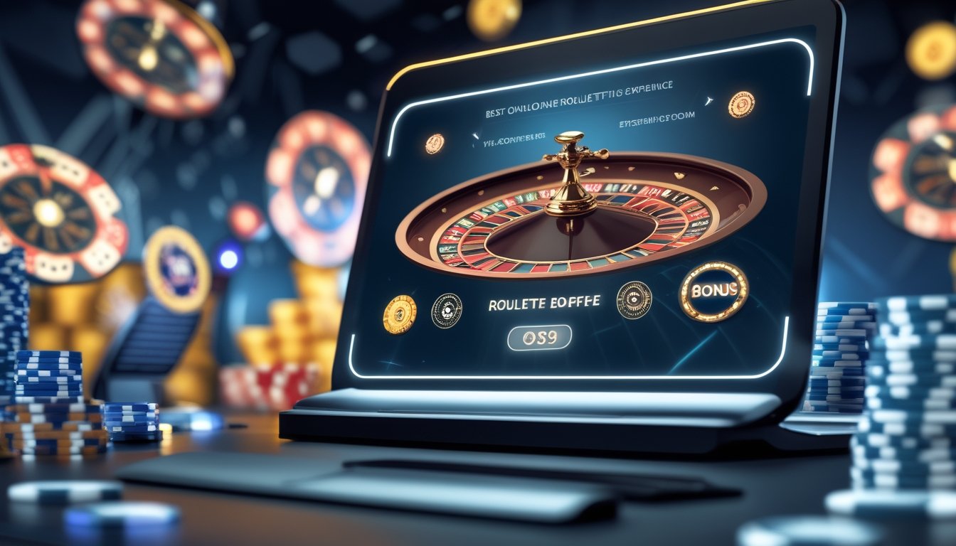 Sebuah layar komputer menampilkan roda roulette digital dengan chip kasino di sekitarnya, menggambarkan pengalaman bermain roulette online terbaik.