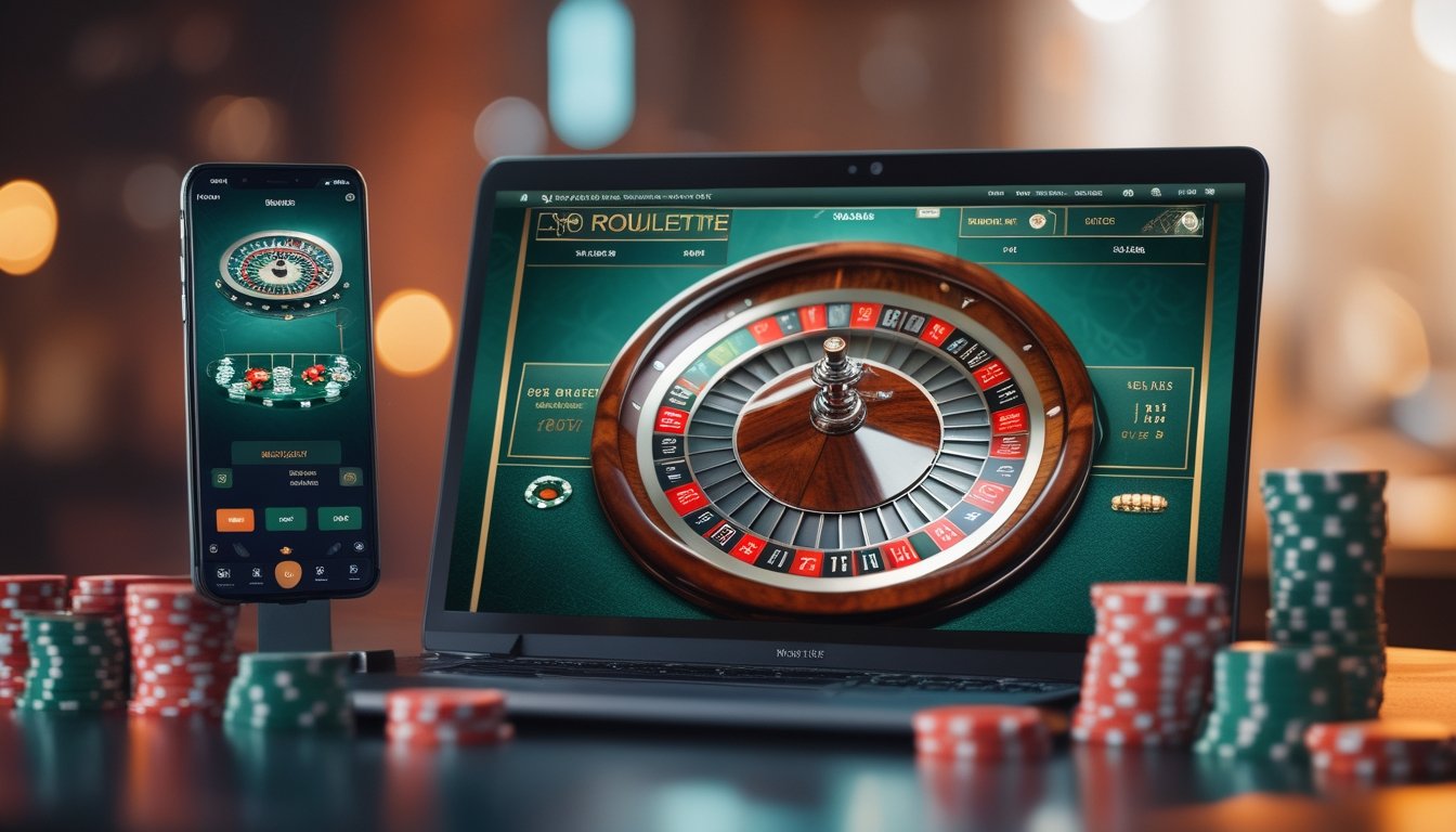 Sebuah laptop modern dengan tampilan roda roulette dan chip kasino di sekitarnya, menunjukkan suasana permainan roulette online yang terpercaya.