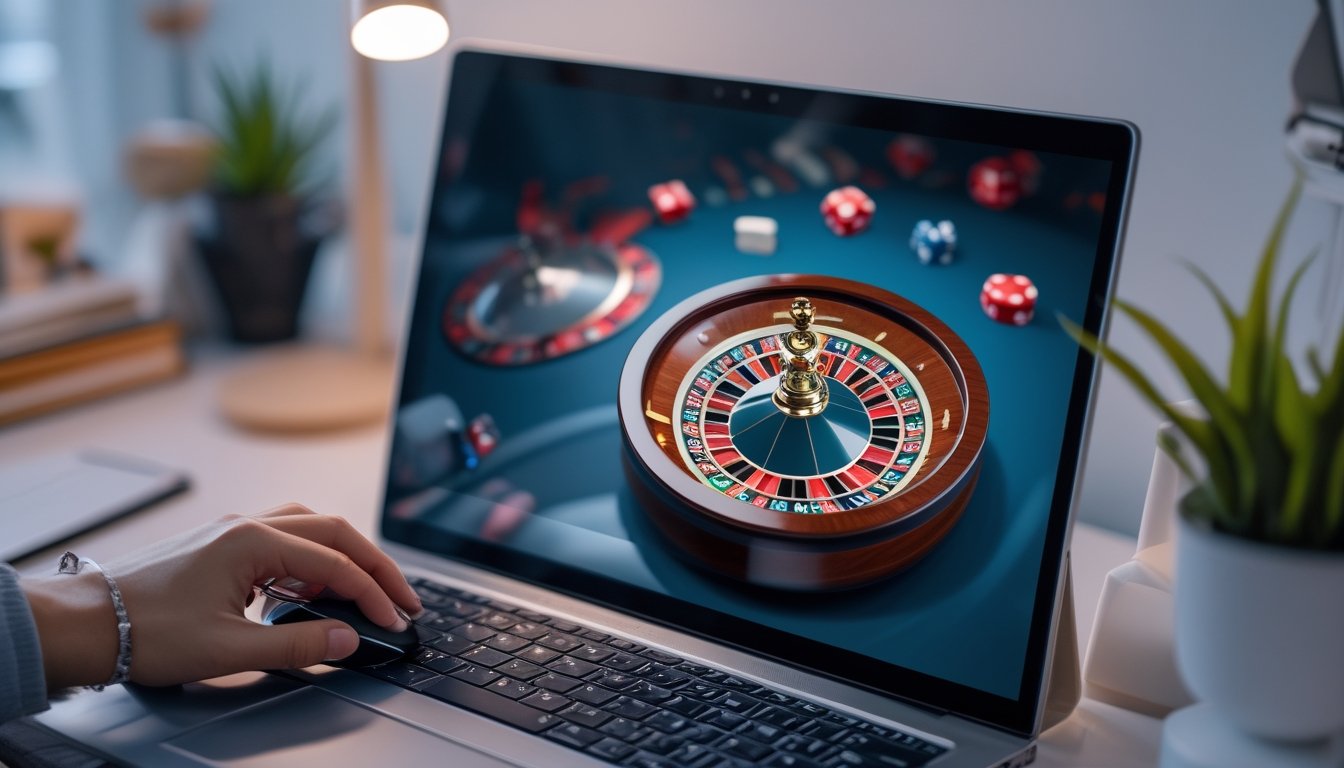 Seseorang bermain roulette online di komputer dengan tampilan roda roulette digital yang berputar di layar.