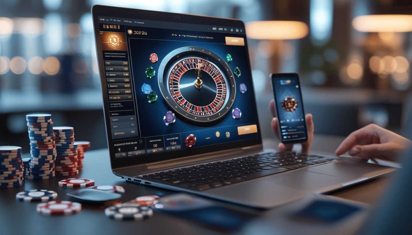 Sebuah meja dengan komputer yang menampilkan permainan roulette online, dikelilingi chip poker dan kartu, dengan suasana yang nyaman dan modern.